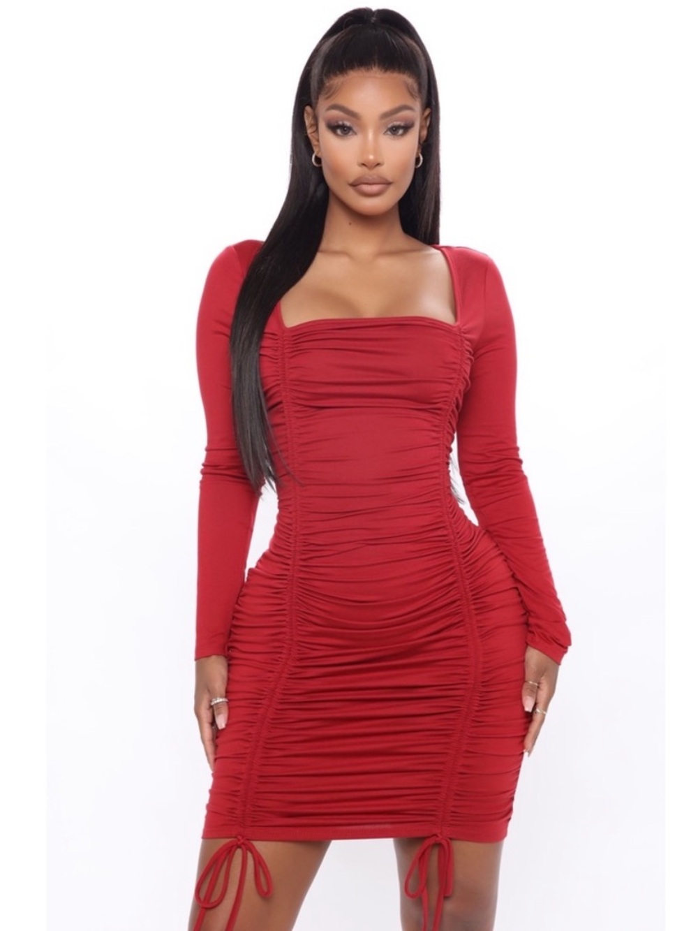 NWT Fashion Nova Square Neck Ruched Date Night Fit Long Sleeve Red Dress Size 1X